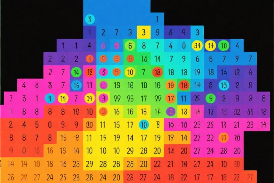 一张多彩的热力图展示彩票号码的冷热门分布，每个数字以不同颜色标注其出现频率