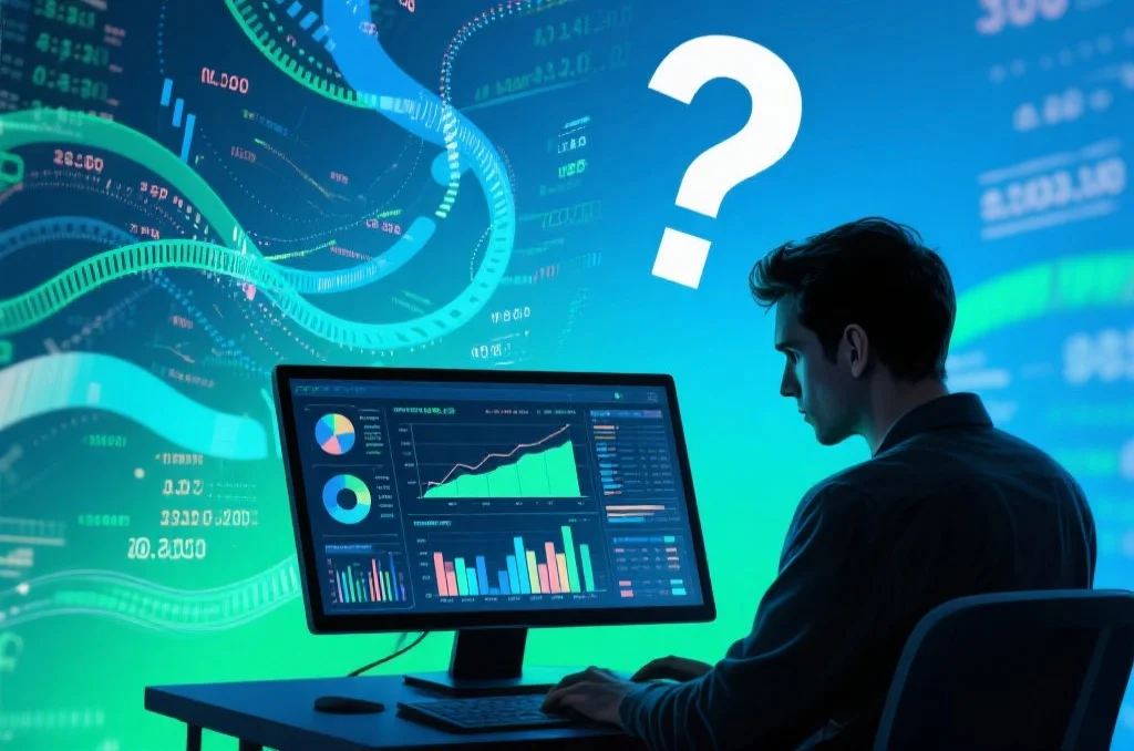 一个人在电脑前困惑地分析复杂的数据图表,背景是抽象的数据流和问号