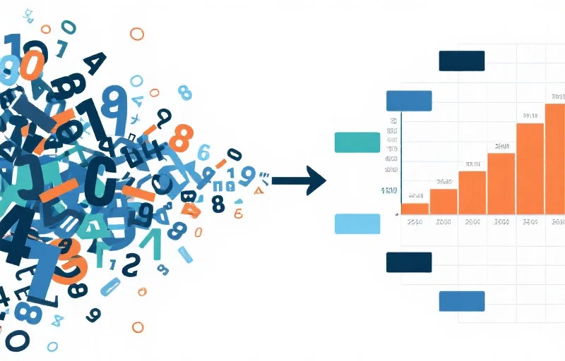 抽象的图像,一半是混乱的原始数据,一半是经过清洗和整理后的有序数据,中间有箭头指示数据处理过程